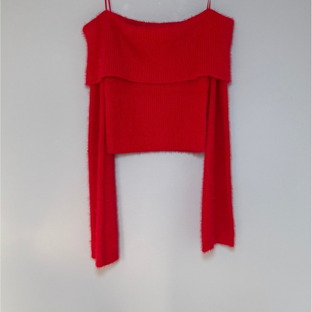 Bailey Rose Red Fuzzy Off Shoulder Crop Top Long Sleeve NWT Holiday Jr. Small